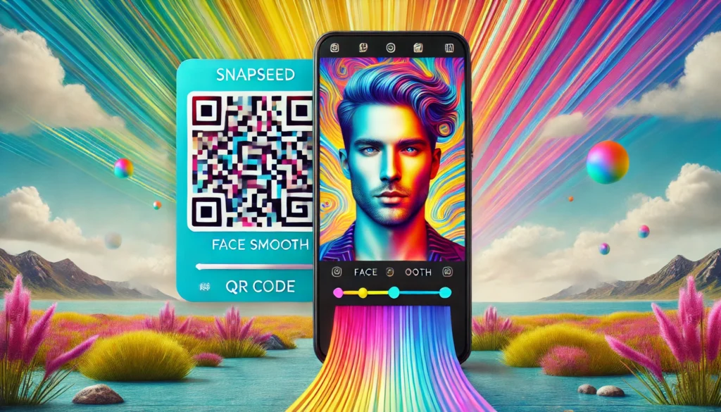 DALL·E-2024-12-19-12.27.23-A-vibrant-and-colorful-landscape-image-representing-photo-editing-with-Snapseed.-The-scene-features-a-smartphone-prominently-displaying-the-Snapseed-a